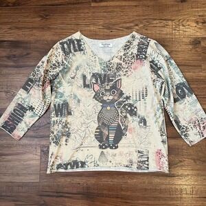 Vintage Made in Italy Cat Graphic Knit Top Artsy Y2K Boho Grunge Women Large